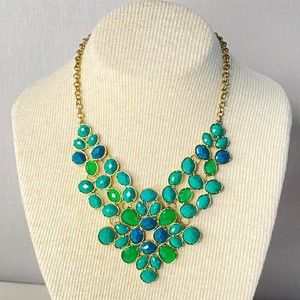 Shades Of Green Stone Bib Necklace Silver Tone Chain